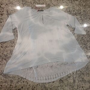 Gypsy 05 Boho high low sweater with lace back Small blue and off white